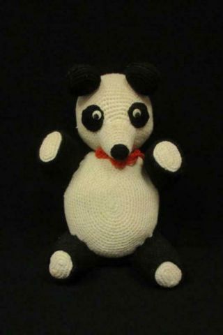Vintage Handmade Crochet Panda Bear White Black Yarn Stuffed Animal Toy