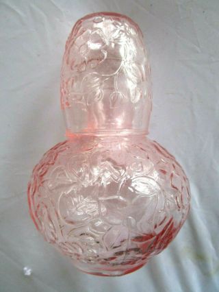 Vintage Pink Embossed Depression Glass Tumble Up Bedside Water Carafe Set 7 1/2”