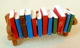 Vintage Dolls House Accessories - Stained Wooden Book Rack/trough With Books