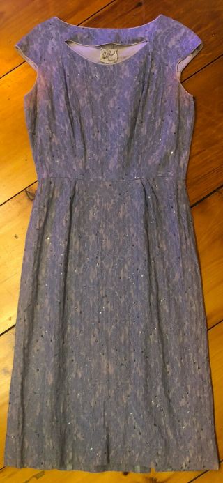 Vtg 40s 50s Paula Brooks Cutout Cocktail Lace Sequin Dress Lavender Sz L