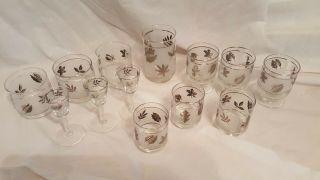 13 Vintage Mid - Century Libbey Frosted Silver Leaf Glasses Libby Cordial Water