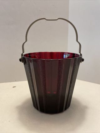 Vintage Anchor Hocking Ruby Red Paneled Glass Ice Bucket With Handle