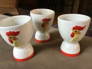 Three Holt Howard Vintage Ceramic Egg Cups 1961 Rooster / Chicken Graphic
