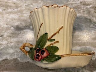Vintage Mccoy Cup And Saucer Planter W/red Berries & Leaves 8 1/2 L 5” Tall