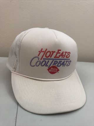 Vtg Dairy Queen Trucker Hat Wht Mesh Snapback Cap Hot Eats Cool Treats 90s Retro