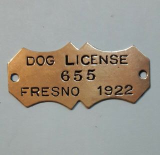 1922 Fresno California Dog License Tag Dog Tax Tag Vintage Exonumia