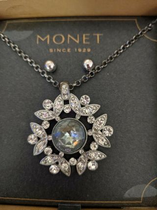 Vintage Monet Signed Aqua Blue Glass Pave Rhinestone Necklace Earring Set Nos