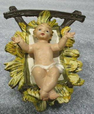 Vintage Nativity 2 Pc Baby Jesus Christ Figurine & Creche Hay Bed Italy Set