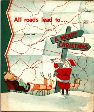 Santa Claus Reindeer Deer Sleigh Map Navigation Road Vtg Christmas Greeting Card