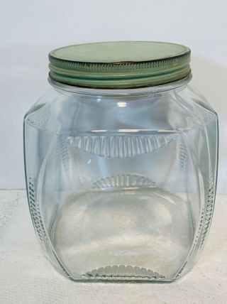 Vintage Glass Square Canister With Green Metal Lid