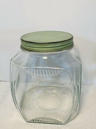 Vintage Glass Square Canister With Green Metal Lid 2