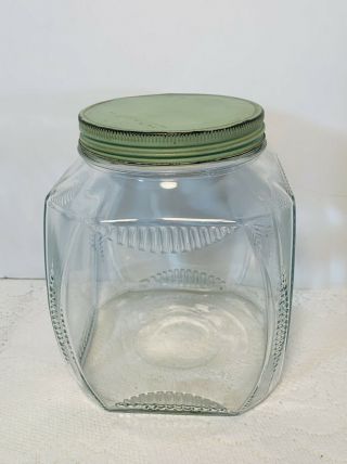 Vintage Glass Square Canister With Green Metal Lid 3