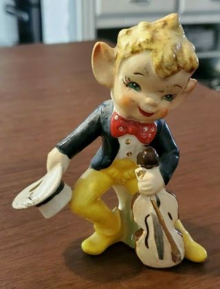 Vintage Pixie Elf Figurine With Fiddle Ceramic Shelf Sitter