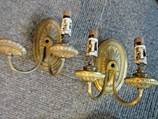Vintage Antique Cast 2 - Arm Brass Wall Sconces Pair Ornate