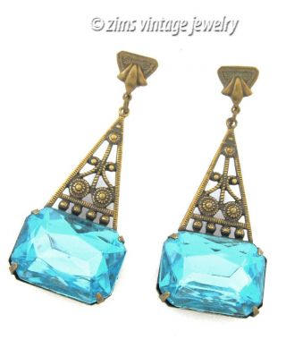 Vintage Art Deco Style Aqua Blue Rhinestone Brass Filigree Long Dangle Earrings