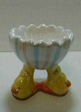 3 Pearlized Egg Cups Pastel Stripes And Baby Chick Feet Adorable Vintage