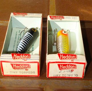 2 Vintage Heddon Dowagiac Tiny Torpedo Spooks; 360 - Xrs & 360 - L,  Boxes.