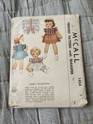 Vintage Mccall Printed Sewing Child’s Dress Pattern 1454,  Size 2 Circa 1949