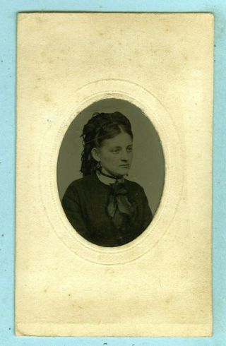 Vintage,  Tintype,  Studio Photo Of Young Lady,  1 3/4 " X 2 1/2 ".  Frame 2 1/4 " X 4 "