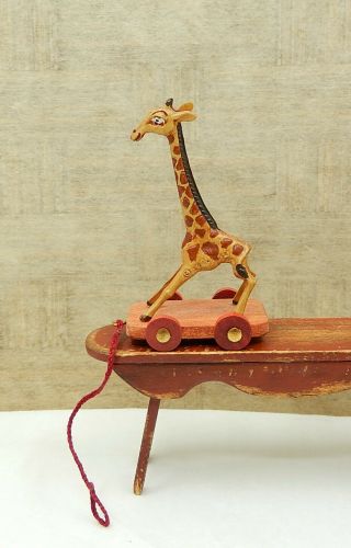 Vintage Wooden Giraffe Nursery Pull Toy Artisan Dollhouse Miniature 1:12