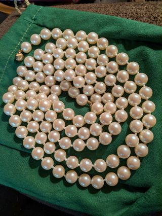 Vintage 60 " Hand Knotted Glass Faux Pearl Necklace Gold Tone Round Clasp