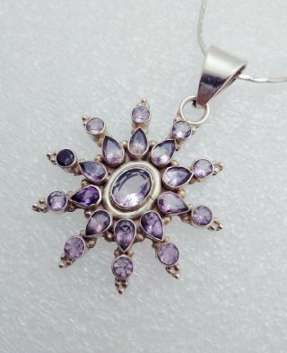 Vintage/antique 925 Sterling Silver Large Heavy Amethyst Star Pendant 20 " Chain