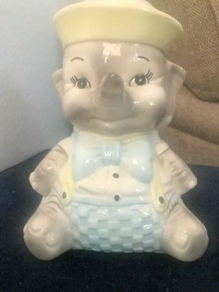 Ceramic Sitting Baby Elephant Piggy Bank W/ Yellow Hat Coin Vintage Chalkware