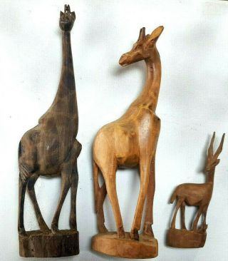 Vintage African Animal Wood Carvings,  2 Giraffes And 1 Antelope,  Kenya
