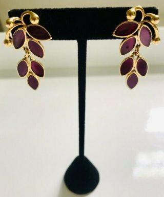 Vintage Signed Trifari Gold Tone & Dark Purple Enamel Dangle Pierced Earrings