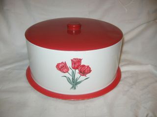 Vintage Decoware Tin / Metal Cake Carrier Red / Pink Tulips