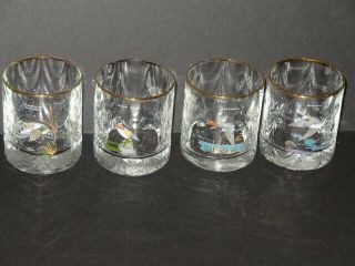 Vintage Ned Smith Signed Game Bird Duck Whiskey Bar Glasses Set of 4 Gold Rim 2
