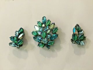 Vintage Regency Blue And Green Aurora Borealis Brooch And Earrings Set