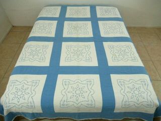 Vintage Hand Sewn Blue Cross Stitch Quilt; Unknown Pattern; 90 " X 72 "