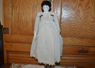 Antique China Head Doll Black Hair 13” Tall German Sawdust Cloth Body Porcelain