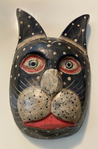 Vintage Handmade Wood Carved Cat Face Mask Wall Hanging Folk Art
