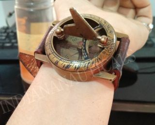 Vintage Style Marine Nautical Brass Sundial Compass Wrist Watch Black Strap Gift