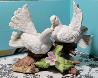 Vintage Porcelain Love Birds Doves On Branch Figurine Bisque Painted