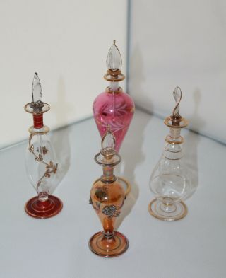 Set Of 4 Vintage Hand Blown Glass Perfume Bottles With Stoppers
