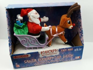 Gemmy Rudolph The Red Nosed Reindeer Santa And Sleigh Christmas Decor Animated