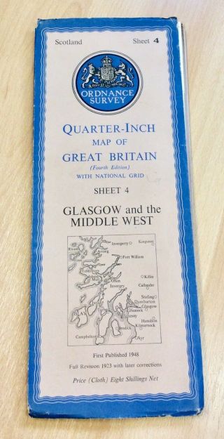 Vintage Ordnance Survey Quarter Inch Cloth Map Of Glasgow And The Middle West