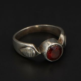 Vtg Sterling Silver - Bali Round - Cut Red Garnet & Leaves Ring Size 9 - 6g