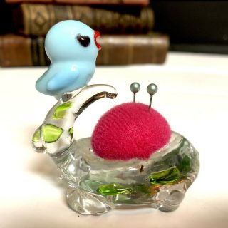 Vintage 1970s Art Glass Bird Perched On A Whales Tail Sewing Pin Cushion
