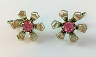 Pink Rhinestone Crystal Earrings Vintage Clip On Flower Gold Tone 40 