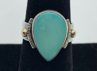 Vintage Navajo? Sterling Silver 14k Gold Teardrop Turquoise Ring Size 8