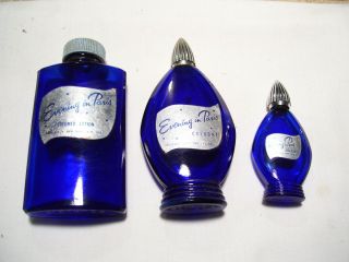 Set Of 3 Vintage Antique Cobalt Blue Evening In Paris Glass Perfume Bottles