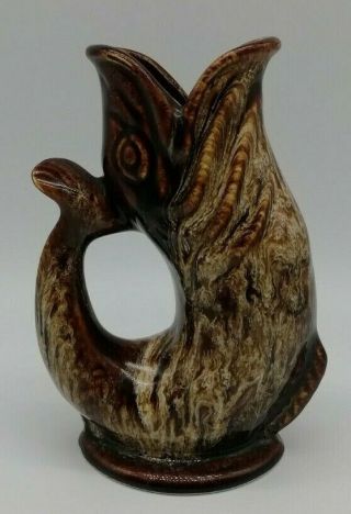 Vintage Small Fosters Studio Pottery Cornwall Gurgle Glug Fish Jug In Brown