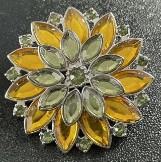 Vintage Inspired Brooch Pin 2” Flower Green & Yellow Layered Flower