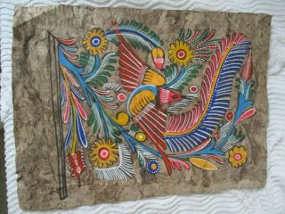 Vintage Mexican Colorful Bird Folk Art Painting On Amate Bark Paper 16 " X 12 "