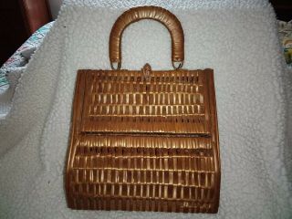 Vintage Wicker Rattan & Wood Basket Purse Handbag 8.  5 X 9 "