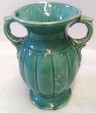 Vintage Mccoy Pottery Green Double Handled Vase 9 1/4 Inches Tall